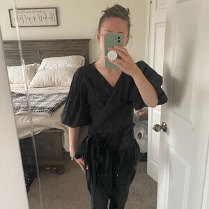 Black V-Neck Tie-Waist Wrap Top